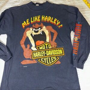 Vintage Harley Davidson Taz Tasmanian Devil Long Sleeve Shirt Navy Stripe Mens L